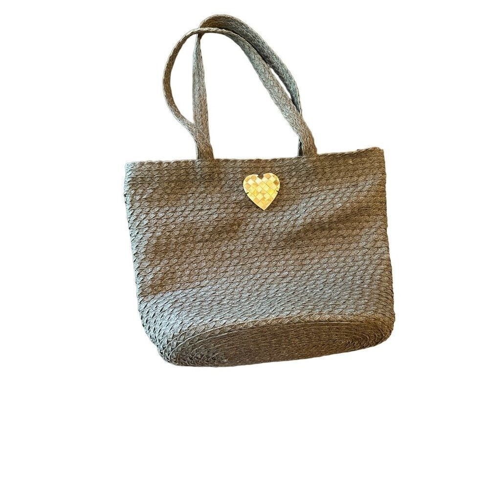 Cappelli Straworld Tote Bag Gray Woven Straw Shell Heart Charm Braided Shoulder